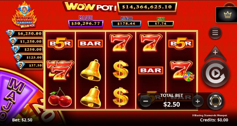 9 Blazing Diamonds WowPot slot gameplay screenshot showing the 5-reel grid with lucky 7, BAR and bell symbols and the four-tier WowPot jackpot ticker