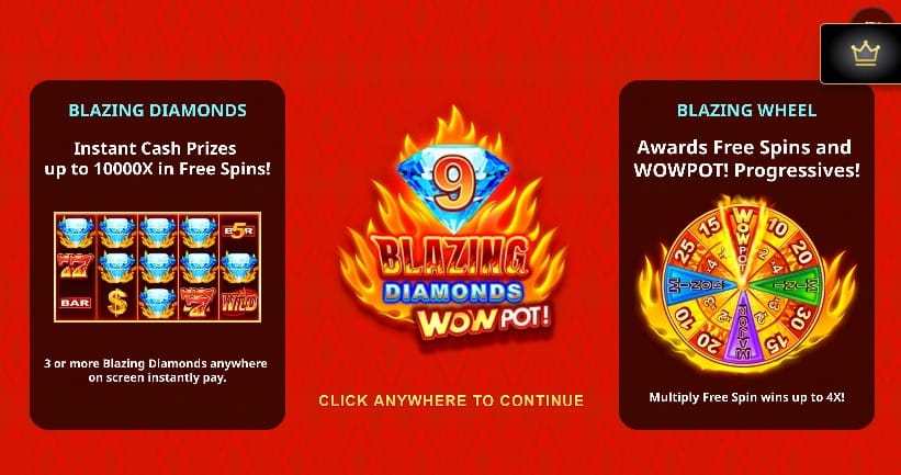 9 Blazing Diamonds WowPot slot gameplay screenshot showing symbols, total bet and the Mini, Minor and Major jackpot values