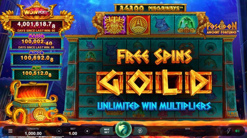 Ancient Fortunes Poseidon Megaways WowPot slot gameplay screenshot showing bonus features and reels
