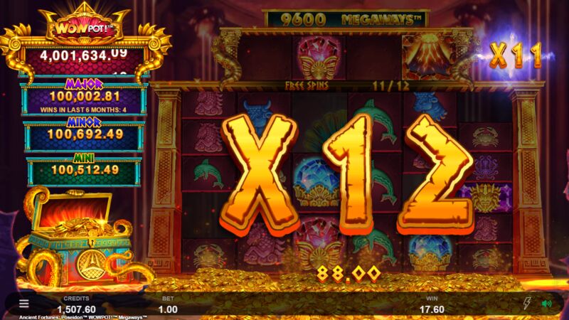 Ancient Fortunes Poseidon Megaways WowPot slot gameplay screenshot showing winning combinations