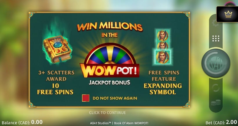 Book of Atem WowPot slot gameplay screenshot showing free spins and WowPot jackpot bonus
