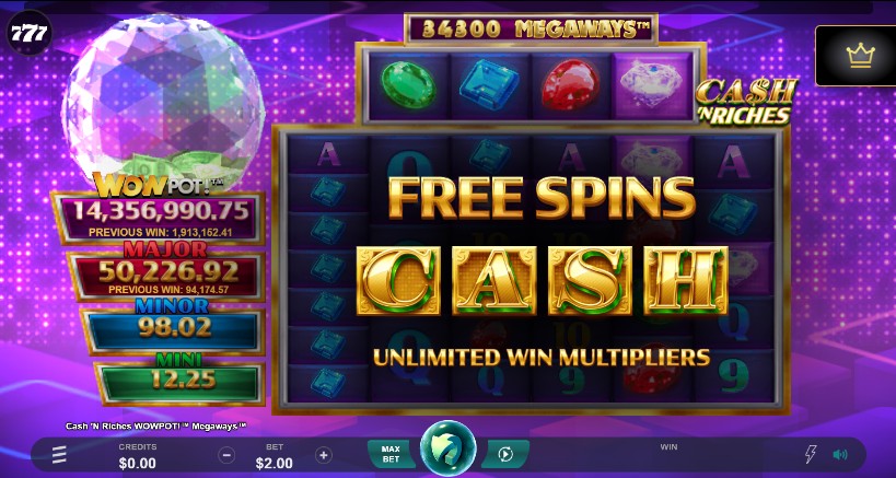 Cash n Riches Megaways WowPot slot gameplay screenshot showing bonus features and reels