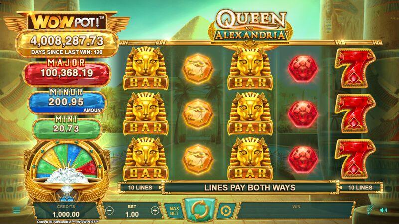 Queen of Alexandria WowPot slot gameplay screenshot showing bonus features and reels