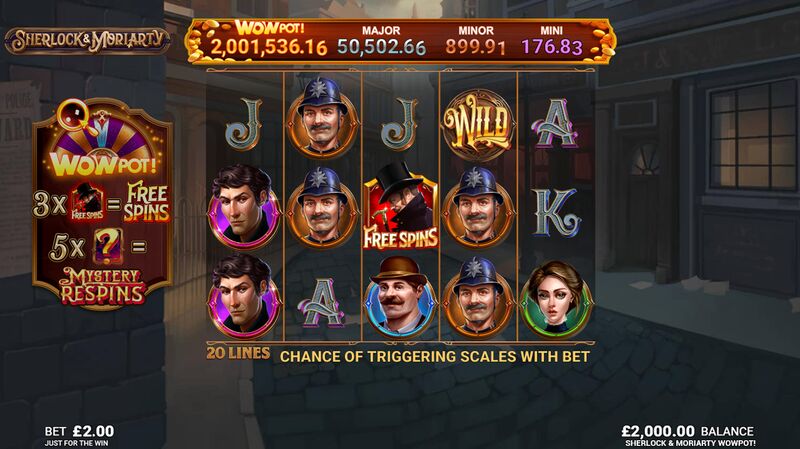 Sherlock and Moriarty WowPot slot gameplay screenshot showing bonus features and reels
