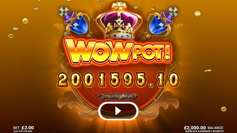 Sherlock and Moriarty WowPot slot gameplay screenshot showing winning combinations