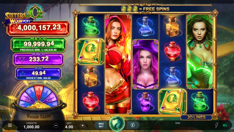 Sisters of Oz WowPot slot gameplay screenshot showing bonus features and reels
