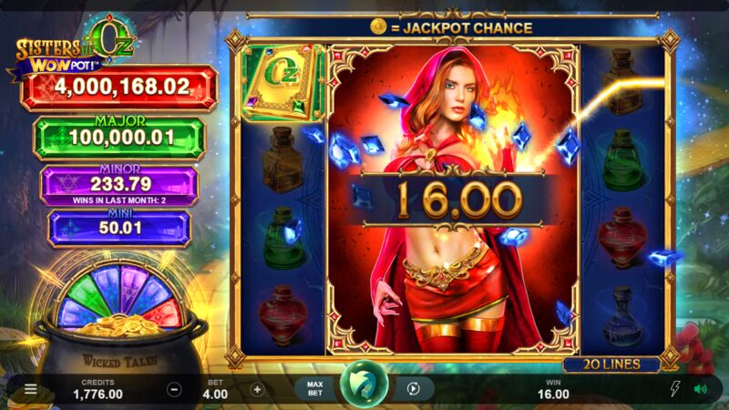 Sisters of Oz WowPot slot gameplay screenshot showing winning combinations