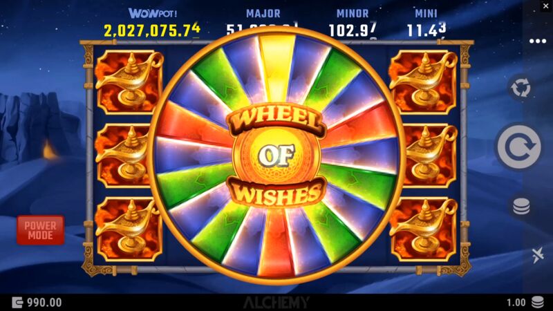 Wheel of Wishes WowPot slot gameplay screenshot showing bonus features and reels