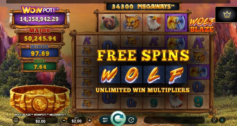 Wolf Blaze Megaways WowPot slot gameplay screenshot showing bonus features and reels