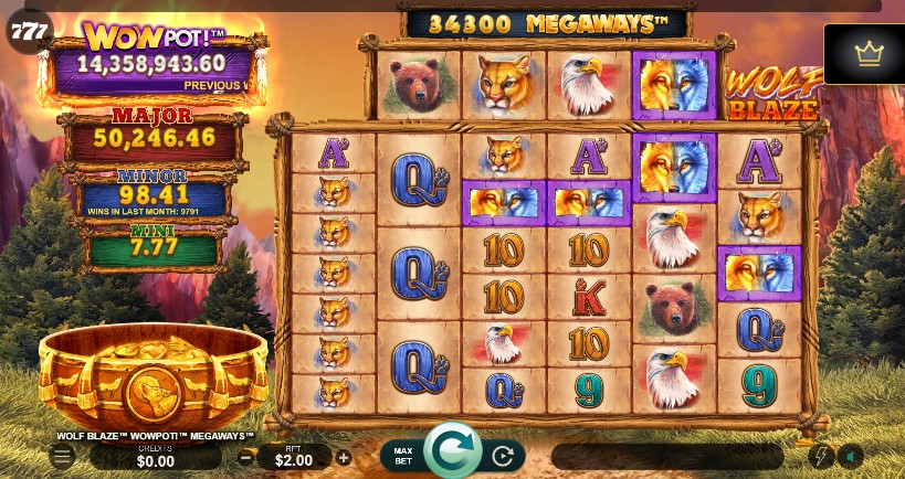 Wolf Blaze Megaways WowPot slot gameplay screenshot showing winning combinations